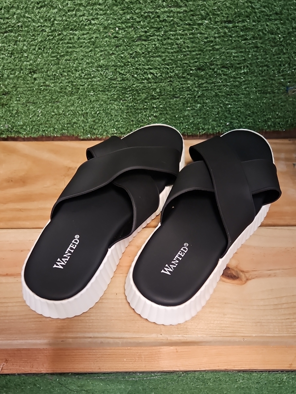 WANTED Black Crisscross Platform Slide Sandals with White Sole